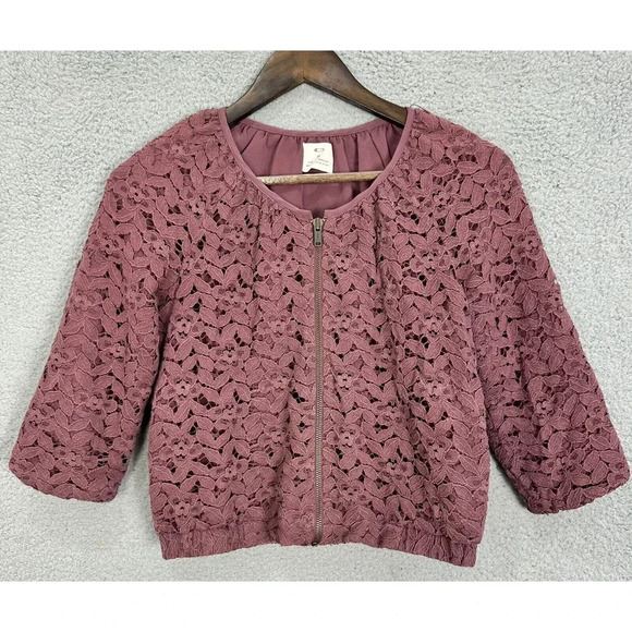 Pins & Needles Anthropologie Jacket Womens XS Pink Floral‎ Lace Zip Dainty Boho - Picture 1 of 6